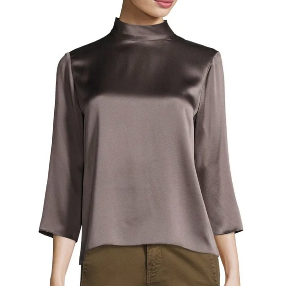 Vince Mock-Neck Silk Blouse in Graphite - Picture 1 of 7